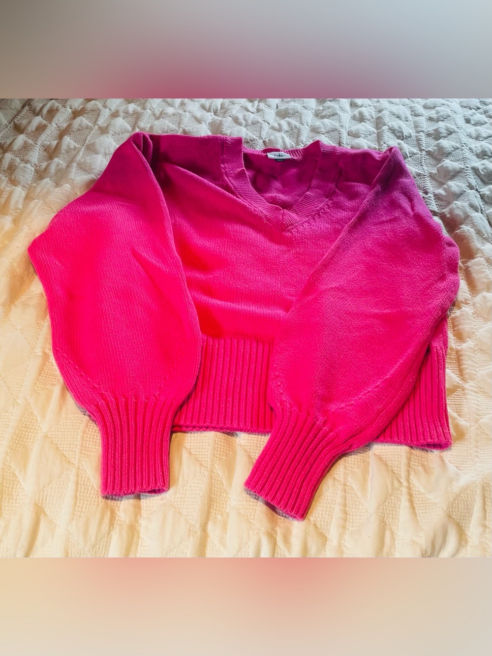 CAbi Fuschia Pink V-Neck Balloon Sleeve Sweater